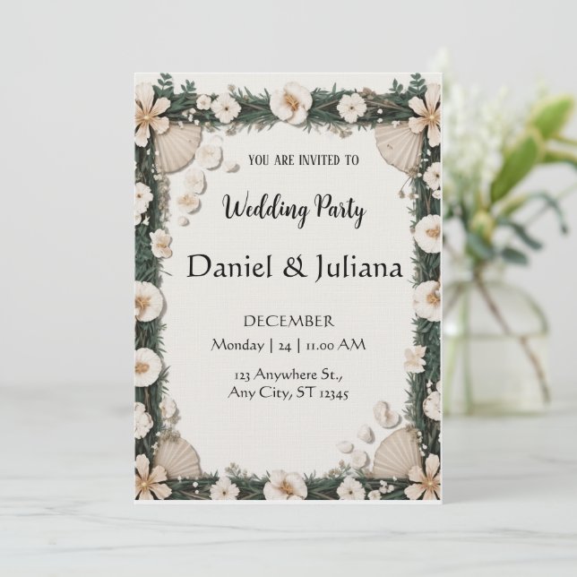 Beach Shell & Floral Frame Engagement Invitation (Standing Front)