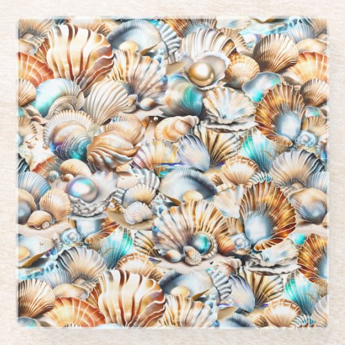 Beach shell pearl diamond nautical collage chic glass coaster