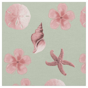 Beach Shells and Floral Mauve Pink Pattern Fabric