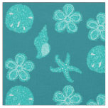 Beach Shells and Floral Ocean Blue Pattern Fabric