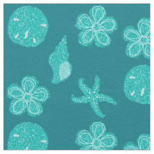 Beach Shells and Floral Ocean Blue Pattern Fabric