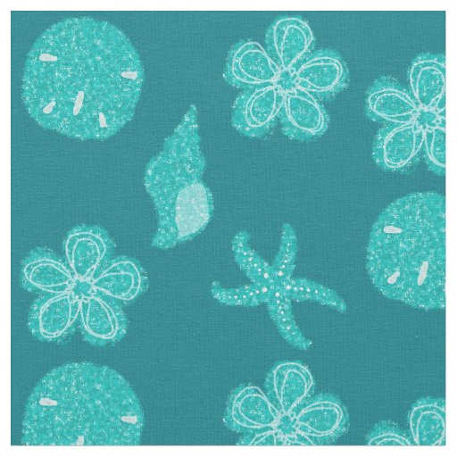 Beach Shells and Floral Ocean Blue Pattern Fabric
