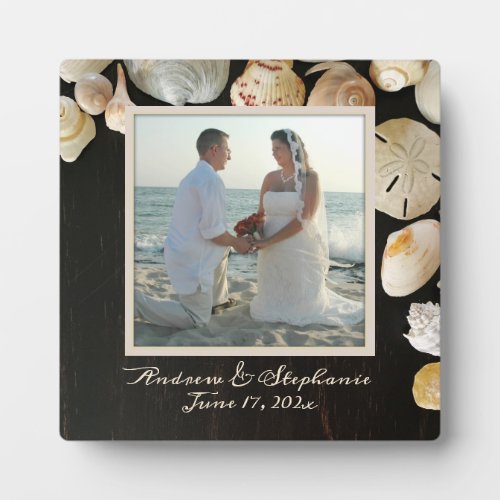 Beach Shells Dark Wood Newlywed Photo Frame