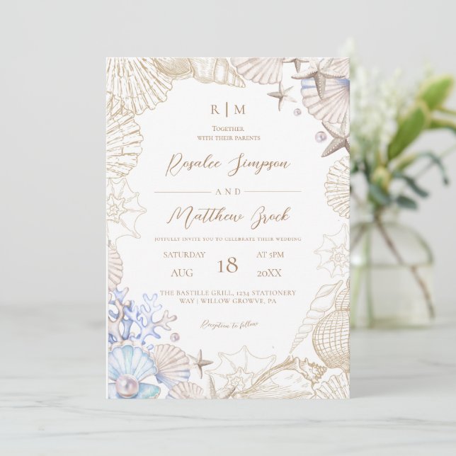 Beach Shells Elegant Wedding Invitation (Standing Front)