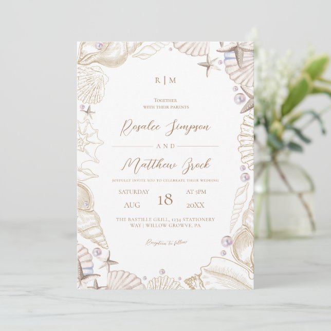 Beach Shells Modern Elegant Wedding Invitation (Standing Front)