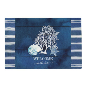 Beach Shells Navy Blue n White Coral Welcome Shore Placemat