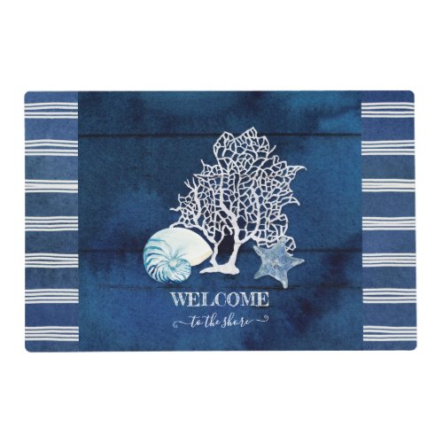 Beach Shells Navy Blue n White Coral Welcome Shore Placemat
