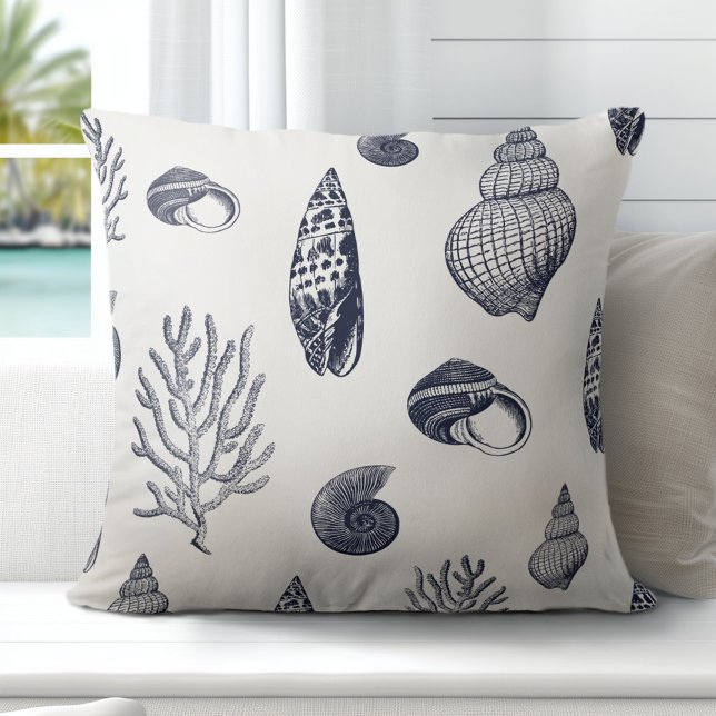 Beach Shells Navy Blue White Throw Pillow (Discover Gorgeous Coastal Throw Pillows by Totally Coast.)