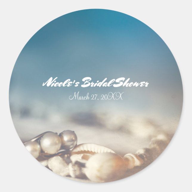 Beach Shells & Pearl Jewelry Elegant Bridal Shower Classic Round Sticker (Front)