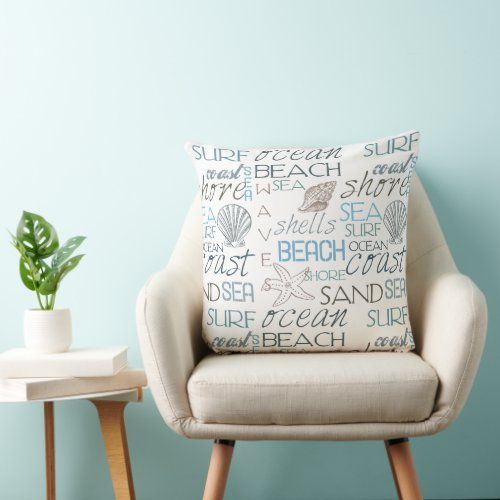 Beach Shells Sea Sand Blue Throw Pillow