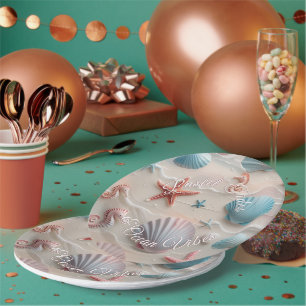 Beach Shells, Starfish & Seahorses Pink Sand Party Paper Plates
