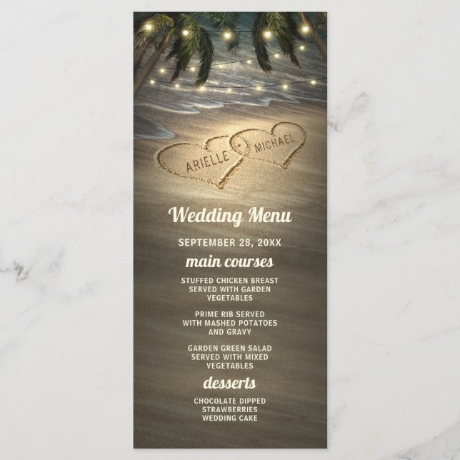 Beach Shore Hearts in the Sand Wedding Menu Cards (Front)