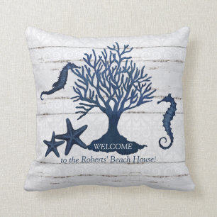 Beach Shore Home Navy Vintage Seahorse Coral Throw Pillow