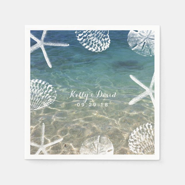Beach Shore Starfish & Seashells Tropical Wedding Napkins (Front)