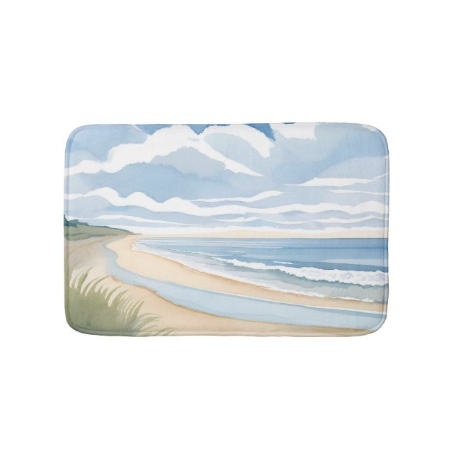 Beach Shore Walk | Coastal Ocean Watercolor Bath Mat (Front)