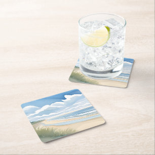 Beach Shore Walk   Coastal Ocean Watercolor Square Paper Coaster