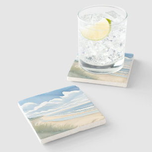 Beach Shore Walk   Coastal Ocean Watercolor Stone Coaster