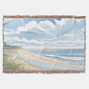 Beach Shore Walk   Coastal Ocean Watercolor Throw Blanket