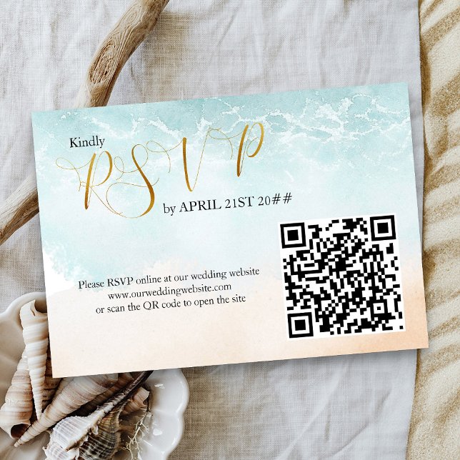 Beach Shoreline Destination Wedding QR Code RSVP Card (Online RSVP with wedding website url and custom QR code - Boho Beach Collection)