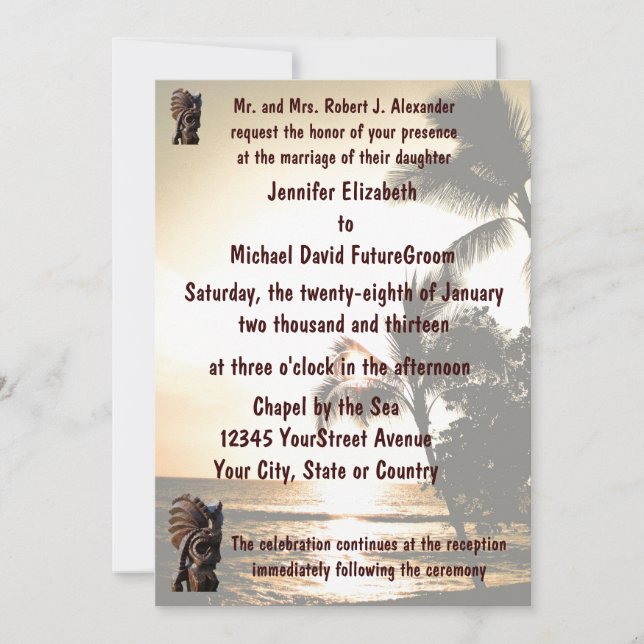 Beach Shoreline Tiki Wedding Invitation (Front)