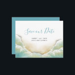 Beach Shoreline Watercolor Save the Date<br><div class="desc">Announce your engagement with my beach save the date card featuring Save Our Date in a trendy script typography with a replica of my original watercolor seashore shoreline in shades of blues and turquoise. This simple ocean themed card features a text overlay with your names, wedding date and wedding location....</div>