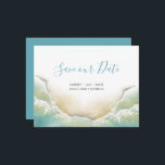 Beach Shoreline Watercolor Save the Date<br><div class="desc">Announce your engagement with my beach save the date card featuring Save Our Date in a trendy script typography with a replica of my original watercolor seashore shoreline in shades of blues and turquoise. This simple ocean themed card features a text overlay with your names, wedding date and wedding location....</div>