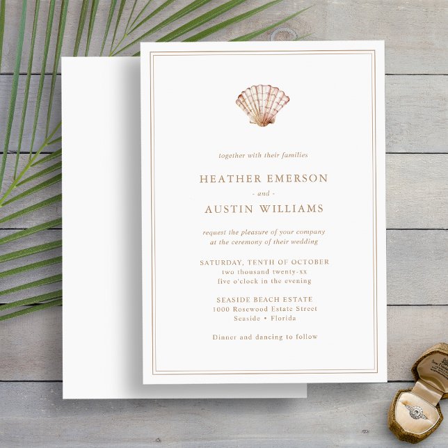 Beach Simple Wedding Invitation (Beach Simple Modern Seashell Wedding Invitation
by Painted Paperie)