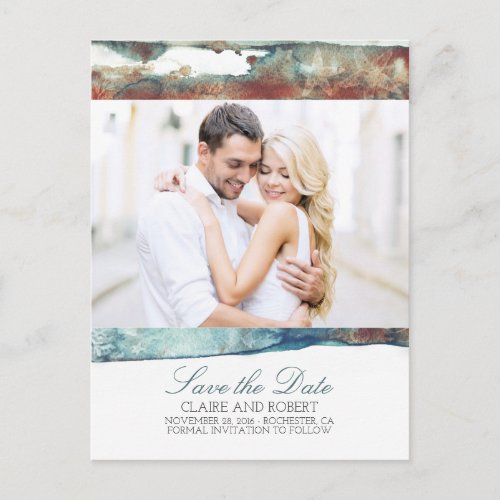 Beach Splash Ocean Watercolor Photo Save the Date Announcement Postcard - Modern yet vintage watercolor swash and undawater - beach wedding photo save the date postcards
