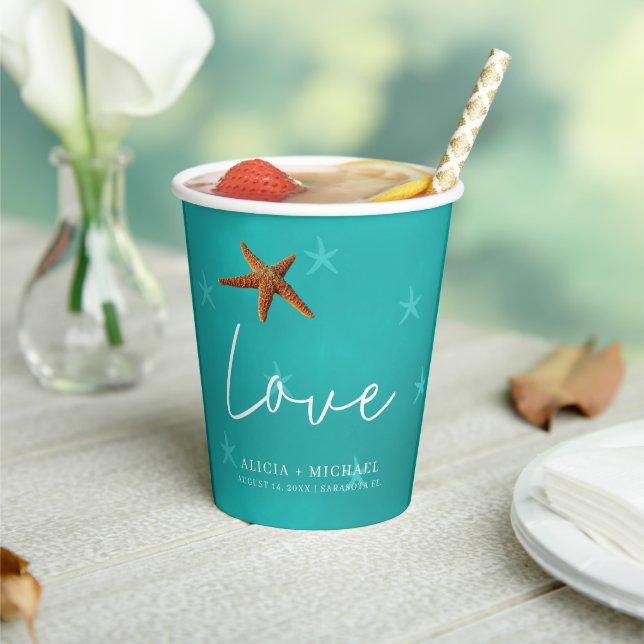 Beach starfish aqua blue couple names wedding paper cups (Insitu)