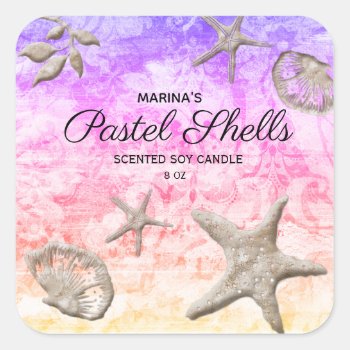 Beach Starfish Candle Pastel Shells Square Sticker by WeddingShop88 at Zazzle