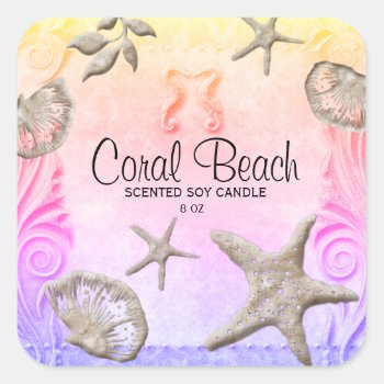 Beach Starfish Candle Seahorse Pastel Square Sticker by WeddingShop88 at Zazzle