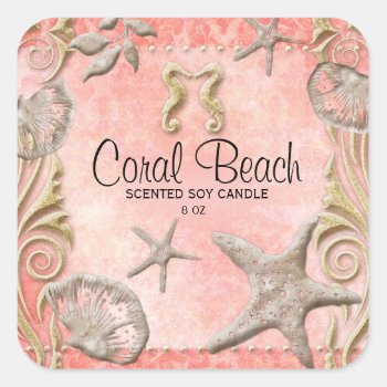 Beach Starfish Candle Seashell Coral Square Sticker by WeddingShop88 at Zazzle