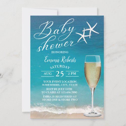 Beach Starfish  Champagne Glass Baby Shower Invitation