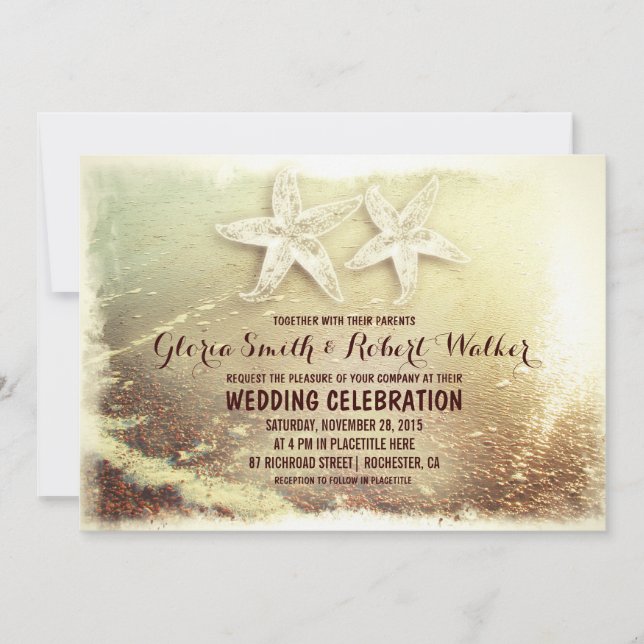 Beach starfish couple and sea wave beach wedding invitation (Front)
