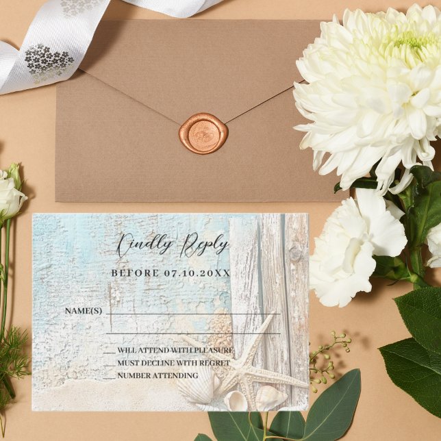 Beach starfish driftwood wedding response RSVP Note Card (Creator Uploaded)