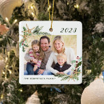 Beach Starfish Family Photo Christmas White Ceramic Ornament<br><div class="desc">This beach inspired Christmas ornament with classic white background makes a great annual holiday keepsake, easily customized for a unique gift with the photo and text templates. Holiday watercolor sprigs of holly, pine, and starfish in two corners frame the photo on both sides. Please contact me through Zazzle Chat if...</div>