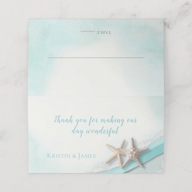 Beach Starfish Lace and Ribbon Turquoise Place Card (Outside Unfolded)