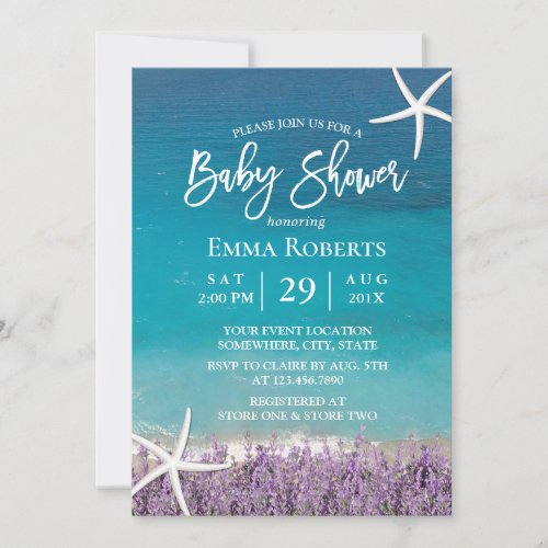 Beach Starfish Lavender Floral Baby Shower Invitation