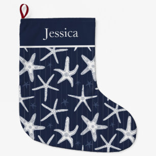 Beach Starfish Navy Blue Coastal Large Christmas Stocking