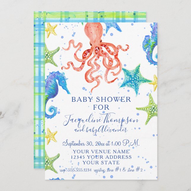Beach Starfish Octopus Seahorse Boy Baby Shower  Invitation (Front/Back)
