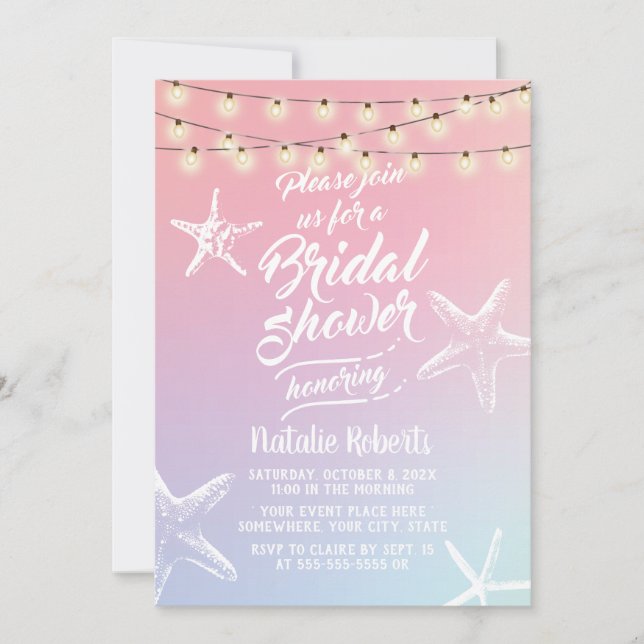 Beach Starfish Pastel Holographic Bridal Shower Invitation (Front)