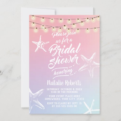 Beach Starfish Pastel Holographic Bridal Shower Invitation