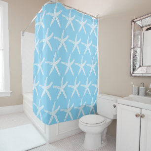 Beach Starfish Patterns Nautical Sea Blue White Shower Curtain