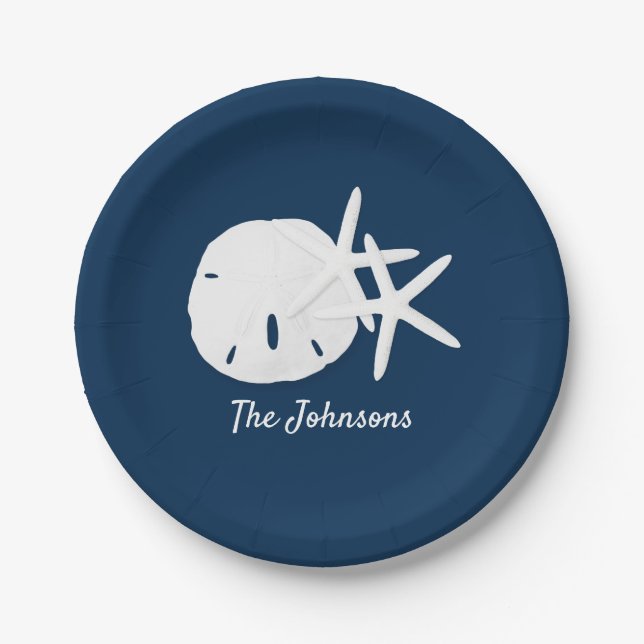 Beach Starfish Sand Dollar Blue Personalized Paper Plates (Front)