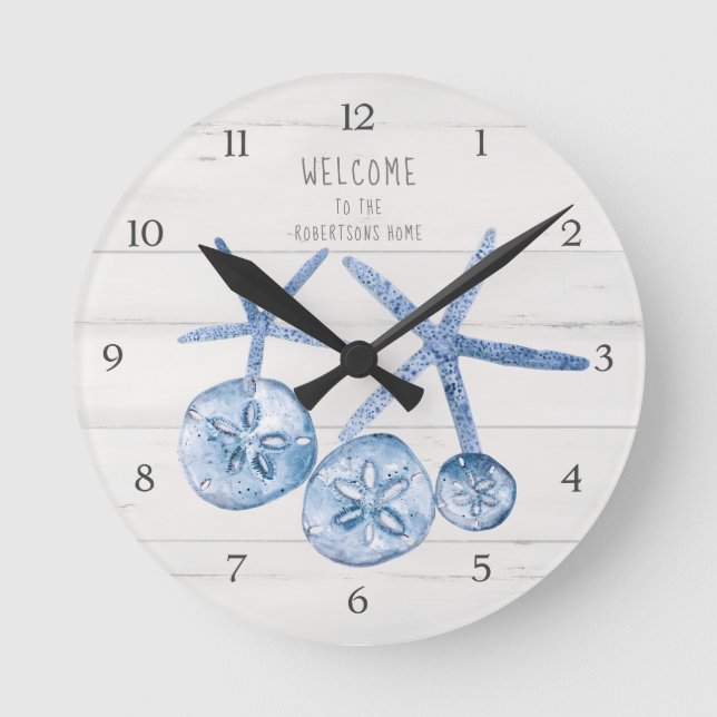 Beach Starfish Sand Dollar Modern Blue White Wood Round Clock (Front)