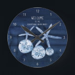 Beach Starfish Sand Dollar Modern Navy Blue Wood R Round Clock<br><div class="desc">Simple. Modern. "Beach Starfish Sand Dollar Modern Blue White Wood Round Clock" was painted in watercolor and placed over a sun bleached, cottage white wood for a chic coastal kitchen or a sleek modern, stylish beach house! All art was created by internationally licensed artist and designer, Audrey Jeanne Roberts, copyright....</div>