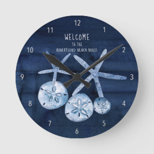 Beach Starfish Sand Dollar Modern Navy Blue Wood R Round Clock