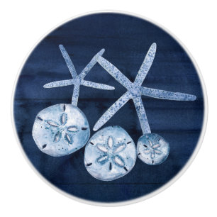 Beach Starfish Sand Dollar Navy Blue Rustic Wood Ceramic Knob