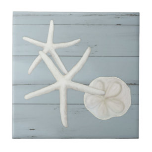 Beach Starfish Sanddollar Shells Dusty Blue Wood Ceramic Tile