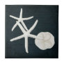 Beach Starfish Sanddollar Shells Navy Blue Wood Ceramic Tile